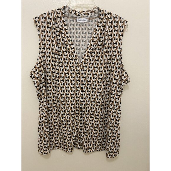 Calvin Klein Womens 1X Top Sleeveless V-neck Brown White Stretch Career Colorful - Picture 1 of 10